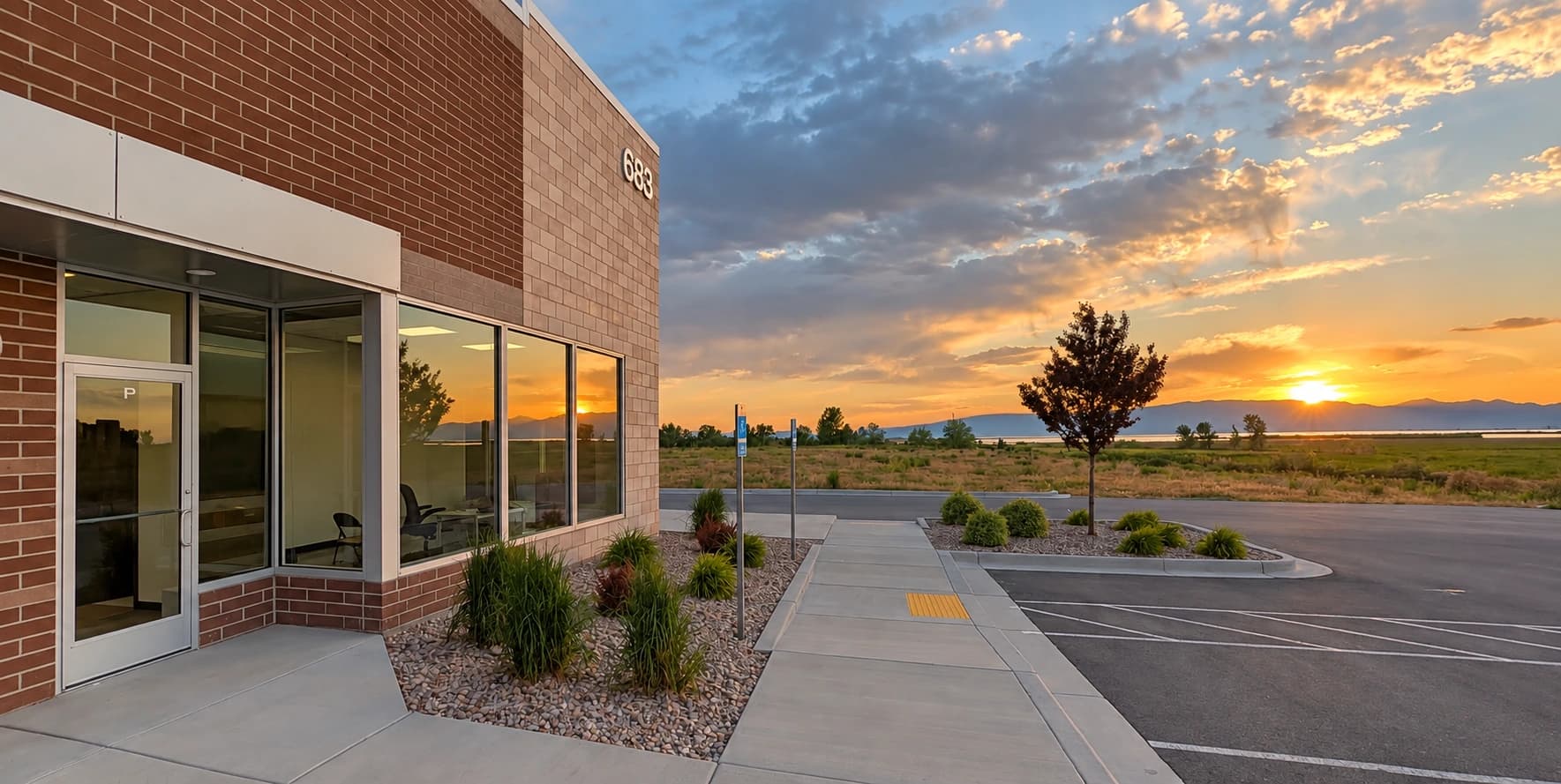 Care Weather’s Springville headquarters beside Utah Lake at sunset.