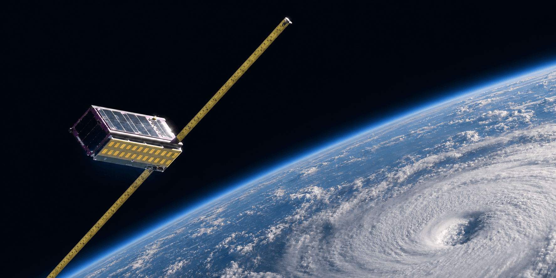 Illustration of a Veery satellite above a hurricane on Earth.